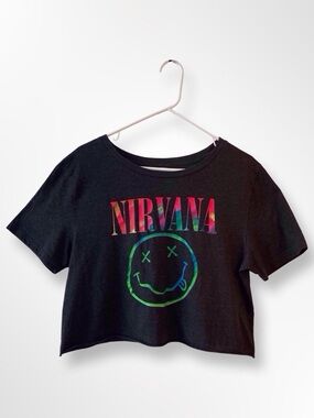 Nirvana Rainbow Smiley Crop Tee Black XXL Grunge Alt Rock Graphic T-Shirt